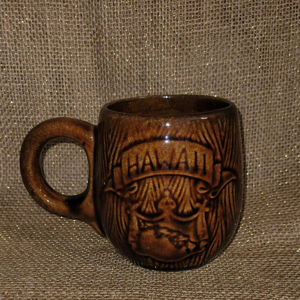 Vintage Hawaii USA Tea Coffee‎ Mug Brown Glazed Ceramic Wood Look Cup Souvenir